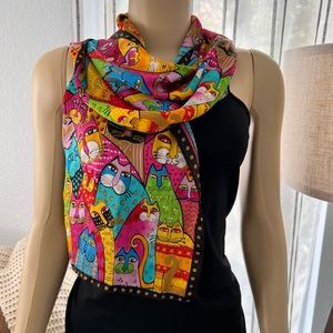 Colorful Cat Silk Scarf Art To Wear Fanciful Felines Cat Lover 11x51”